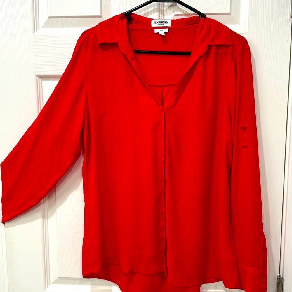 Beautiful Red button down shirt 100% polyester slim fit size large